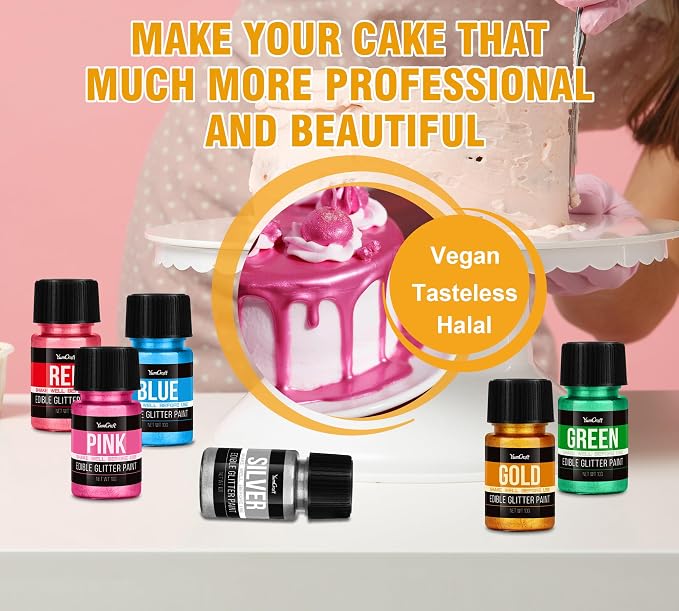 Edible Glitter Paint Set, 6 Food Colors with Gold, Blue, Silver, Green, Red, Pink, Food Grade Liquid Luster Dust for Chocolate, Drinks, Cake, Candy, Shimmering Powder Glitter for Christmas Festival