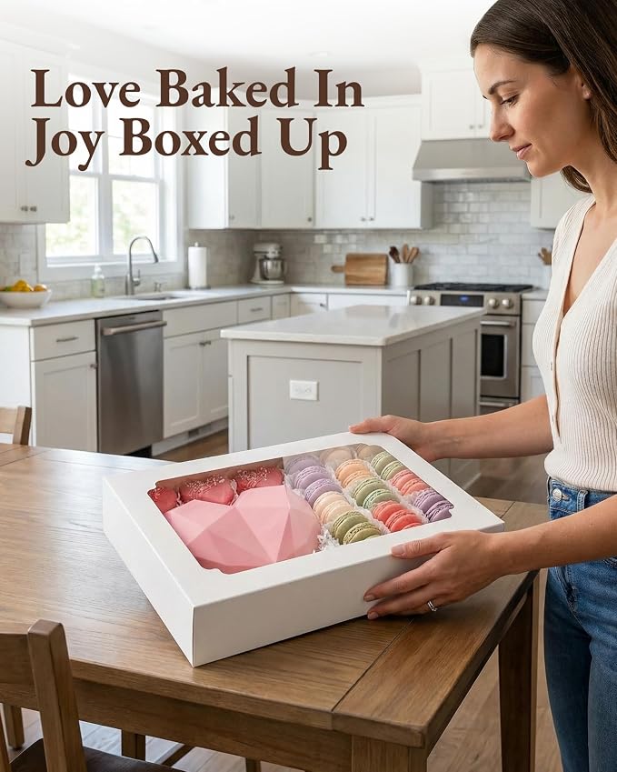 30pcs Cookie Boxes with Window 14x10x2.5 inch, Large Bakery Boxes, Auto-Popup Treat Box for Desserts, Chocolate Covered Strawberries, Breakable Heart, Pastries, Cajas Para Postres with 80 Stickers