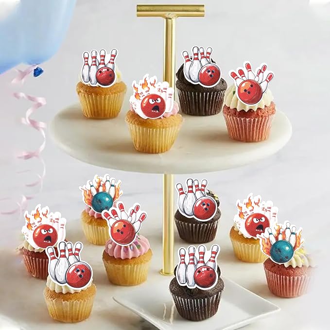 60 PCS Edible Bowling Cupcake Toppers Wafer Paper Sports Ball Cupcake Picks Edible Bowling Cupcake Decorations for Sports Theme Baby Shower Kids Birthday Party Cake Decorations Supplies