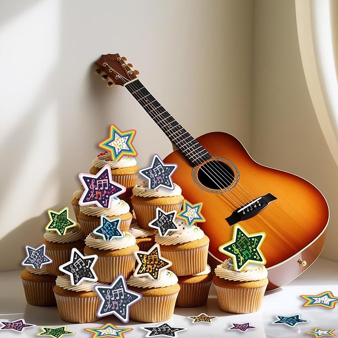 48PCS Edible Musical Notes Star Cupcake Toppers Wafer Paper Music Symbol Cake Picks Music Concert Cake Topper Edible Musical Cupcake Picks for Concert Theme Party Decor