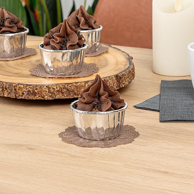 Restaurantware-Pastry Tek 4 x 4 Inch Paper Lace Doilies, 100 Round Disposable Table Doilies - Elegant Lace Finish, Long Lasting, Brown Paper Lace Doilies, for Pastries, Cupcakes, Desserts