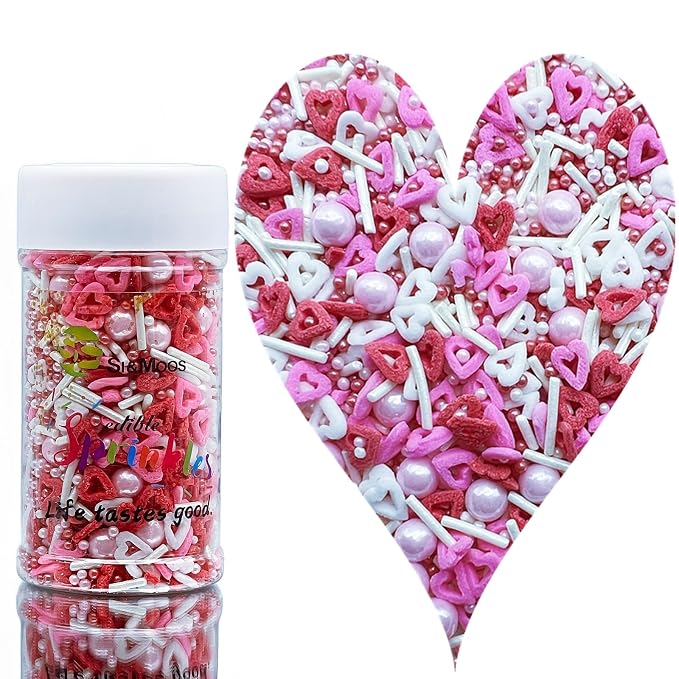 SE Si&Moos Red White and Pink Heart Sprinkles for Cake Decorating Edible Cake Sugar Pearls Valentines Sprinkles Heart Cake Decorations for Cupcakes, Ice Cream, Donuts and Lollipops Party Baby Shower Holiday Supplies 3 OZ