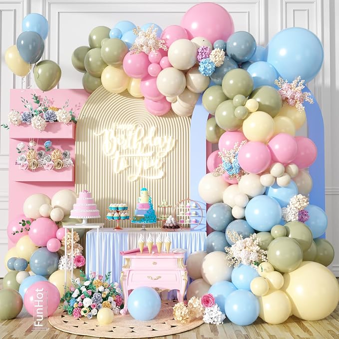 FunHot Blue Pink Yellow Balloon Arch Kit, Pastel Balloon Garland with Baby Pink Light Fog Blue Yellow Sage Green Ivory White Balloons for Baby Shower Gender Reveal Wedding Birthday Party Decorations