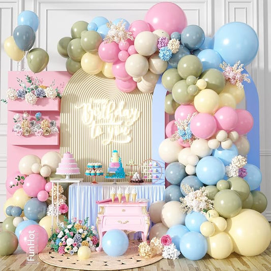 FunHot Blue Pink Yellow Balloon Arch Kit, Pastel Balloon Garland with Baby Pink Light Fog Blue Yellow Sage Green Ivory White Balloons for Baby Shower Gender Reveal Wedding Birthday Party Decorations