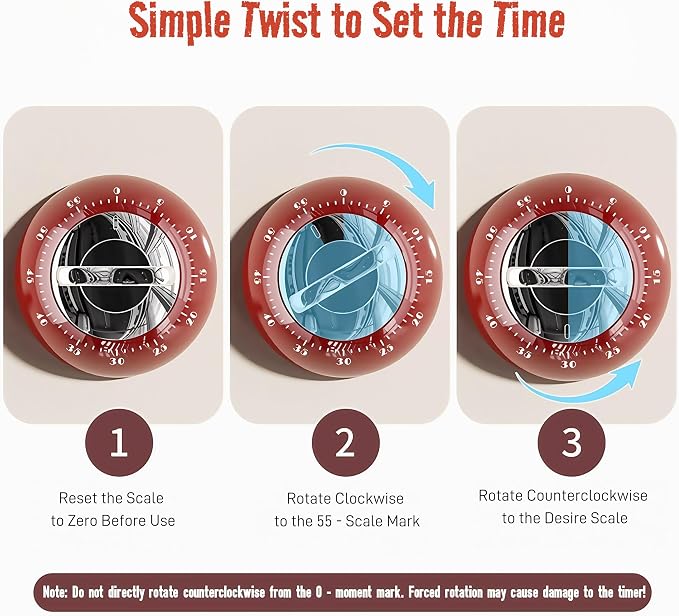 Magnetic Mechanical Kitchen Timer - Wind Up 60 Minutes Countdown Timer, No Batteries Needed, for Cooking, Baking, Classroom, Study & Desk Use (White)