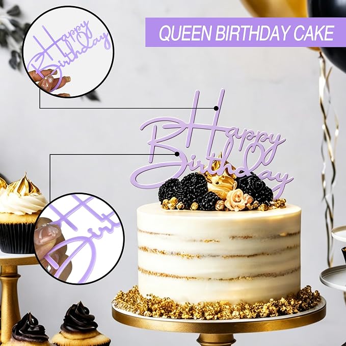 24 PCS Purple Happy Birthday Cake Toppers Cupcake Toppers | Purple Cake Topper Acrylic Side Cake Decorations for Women Girls Princess Multi Sized Party Birthday Anniversary 8 Styles