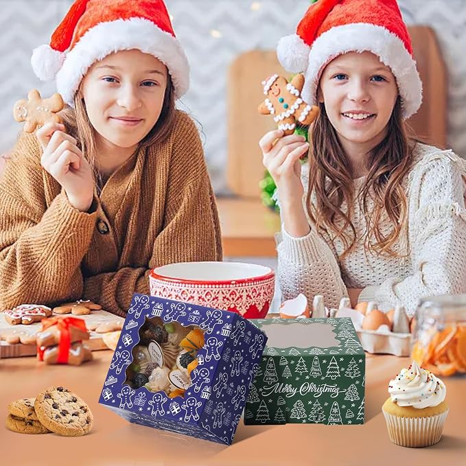 COTOPHER 30Pcs Christmas Cookie Boxes for Gift Giving, 4x4x2.5 inch Bakery Box with Window, Xmas treat Boxes for Holiday Party Favor Pastries, Cupcakes, Muffins Donuts Chocolate, Gift Wrapping