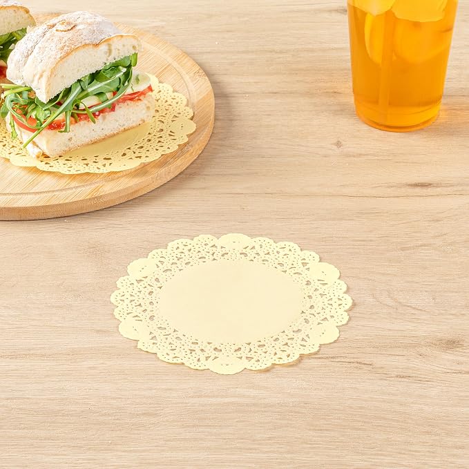 Restaurantware-Pastry Tek 6 x 6 Inch Paper Lace Doilies, 4000 Disposable Table Doilies - Elegant Lace Finish, Long Lasting, Yellow Paper Placemat, for Pastries, Cupcakes, Desserts