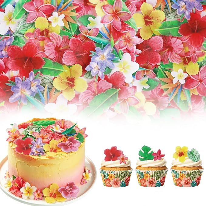 74pcs Edible Tropical Flowers Cake Toppers Hawaii Hibiscus Cupcake Decor | Morofme Edible Flowers Cake Topper Tropical Leaves Cupcake Topper Edible Aloha Cupcake Toppers for Summer Birthday Party