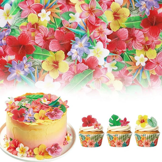 74pcs Edible Tropical Flowers Cake Toppers Hawaii Hibiscus Cupcake Decor | Morofme Edible Flowers Cake Topper Tropical Leaves Cupcake Topper Edible Aloha Cupcake Toppers for Summer Birthday Party