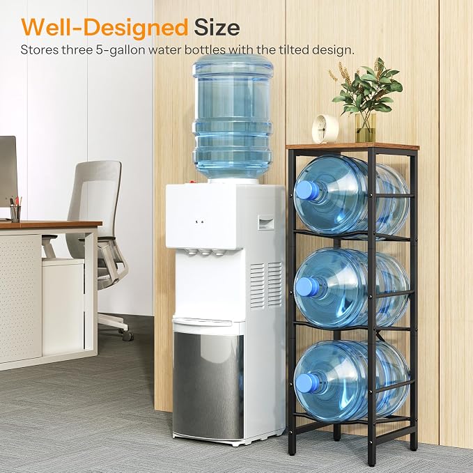 HOOBRO Water Jug Rack, Water Bottle Holder, 5 Gallon Water Jug Rack, 3-Tier Water Cooler Storage Rack, Water Dispenser Stand, for Kitchen, Living Room, Office, Rustic Brown and Black BF01ST01