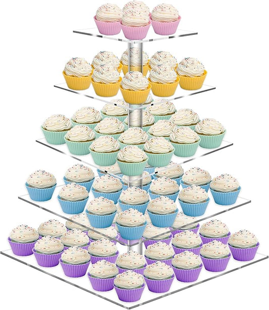 weddingwish 5 Tier Cupcake Stand, Acrylic Cupcake Tower Stand, Square Tiered Display Stand, Clear Dessert Table Display Stand for Wedding,Birthday,Party
