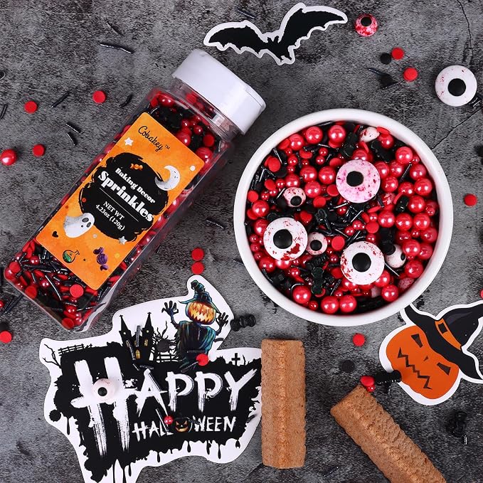 Eyeball Sprinkles for Cake Decorating, Black & Red Pearl Sprinkles with Black Bats & Eyeball Candy, Perfect for Halloween Dessert Party 4.23 Ounce