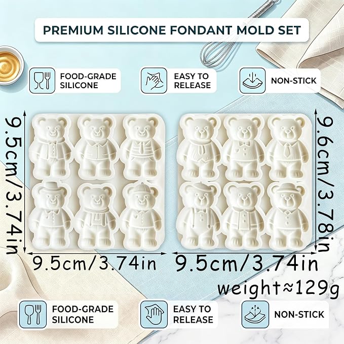 2Pcs 6-Cavity Dressed Bear Silicone Fondant Mold Teddy Bear Candy Molds for Cake Decorating, Cupcake Toppers, Chocolate, Polymer Clay, Jelly, Lollipop, Gender Reveal Desserts