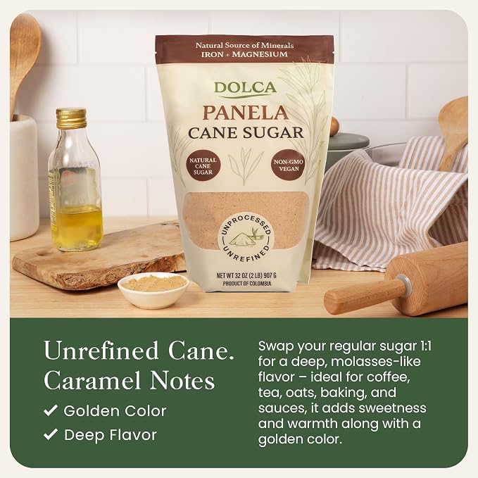 Dolca Panela – Unrefined Cane Sugar from Evaporated Cane Juice – Granulated Panela with Rich Caramel Flavor – 1:1 Replacement for Brown Sugar in Coffee, Tea & Baking