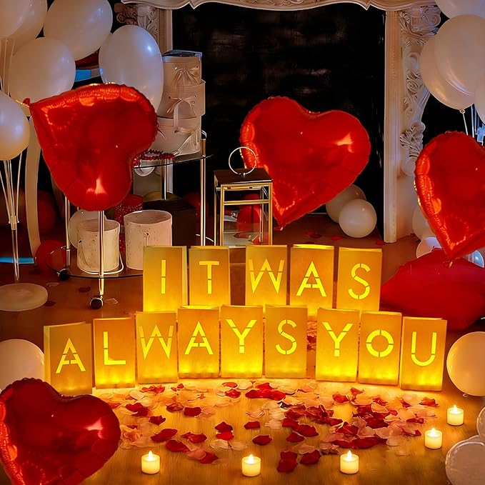 It was Always You Luminary Paper Bags with LED Flameless Candles and Rose Petals Balloons Light Up Letters for Valentines' Day Anniversary Proposal Special Romantic Decorations