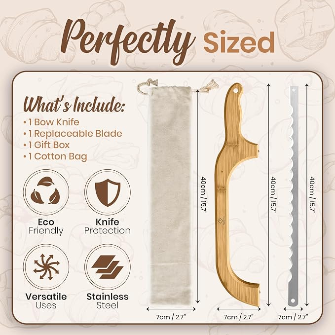 Wooden Bread Bow Knife, 15.7'' Serrated Bread Knife for Homemade Bread with Reliable 1 Extra Blade, Sourdough Slicer and Reusable Bread Bags Set - Gift for Baker