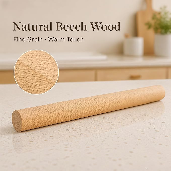 Wood Rolling Pin 16.9 Inch, Natural Beech Wood Non-Stick Rolling Pin for Baking, Wooden Dough Roller for Pizza, Pastry, Pie Crust, Cookies & Fondant, Essential Kitchen Baking Tool