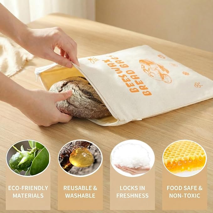 2-Pack Extra Large Beeswax Bread Bags with Zipper Seal – Reusable Bread Storage Bags, Eco-Friendly Natural Beeswax Lining, to Keep Homemade Bread Fresh for Sourdough & Artisan Loaves (yellow)
