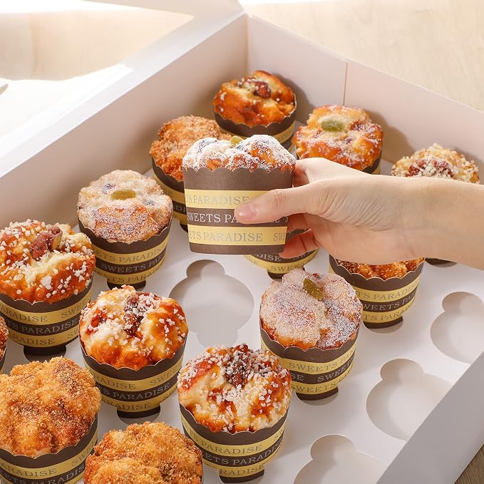 Fuutreo 5 Pack White Mini Cupcake Boxes with Window 21 x 13 x 4 Inches 24 Count Auto Pop up Large Cookie Boxes Cupcake Containers with Thank You Label Stickers for Muffins Pastries Donuts Cookies