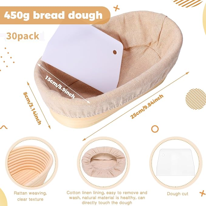 Gejoy 30 Set Bread Proofing Baskets 10 Inch Oval Shaped Banneton Dough Proofing Bowls Kit with Cloth Liner and Plastic Scraper Sourdough Basket for Home Sourdough Bakers Supplies
