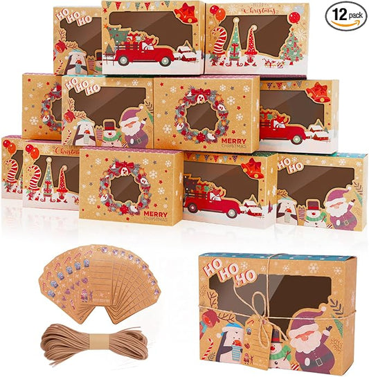 12 PCS Christmas Cookie Boxes for Gift Giving, Christmas Bakery Treat Boxes with Window, Holiday Cookie Boxes with Ribbons and Tags for Xmas Party Supplies Cookie Containers Treat Tins
