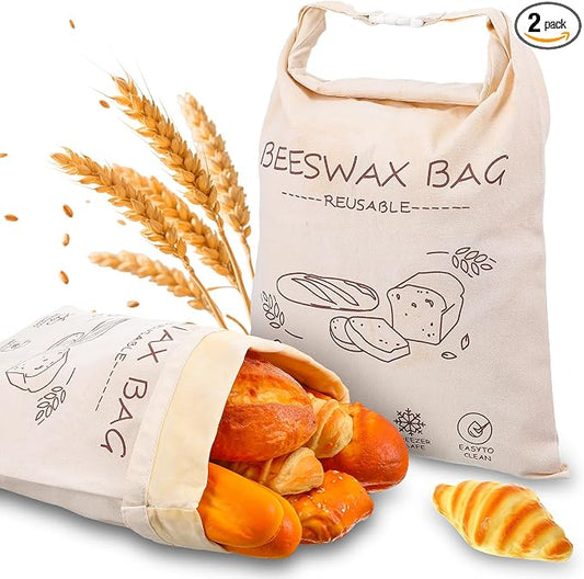 2-Pack 13x17 Inch Reusable Beeswax Bread Bags XL Linen Food Storage Bag for Sourdough & Homemade Bread, Freezer Safe, Eco-Friendly