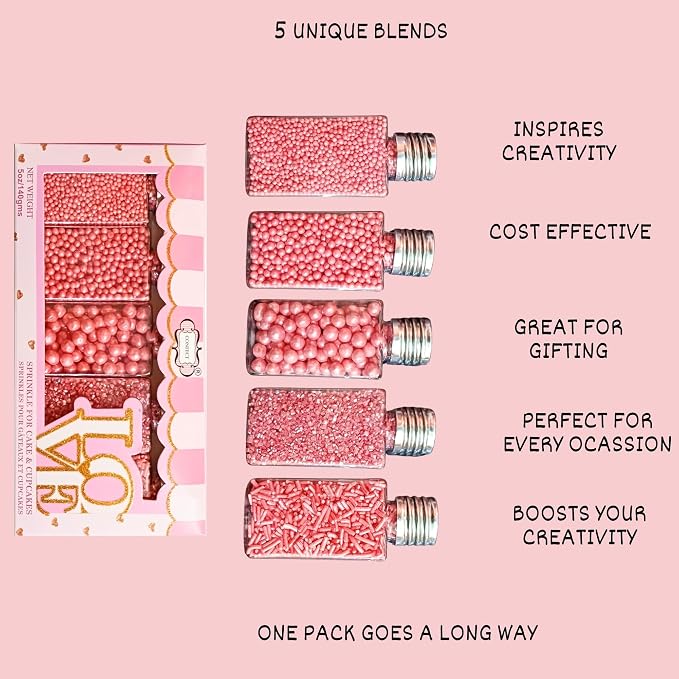 Confect Rose Pink Sprinkles | Assorted 5-Pack Garden Party Mix with Dragees, Jimmies & Sparkling Sugar for Cake & Cupcake Decoration | Vegan, Gluten-Free, Nut-Free, Soy-Free, Dairy-Free , Handcrafted Sprinkle - 5 Oz