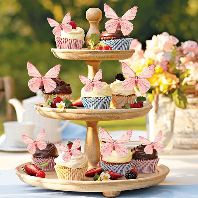 Gyufise 72Pcs Edible Butterfly Cupcake Toppers & Decorations for Butterfly Theme Baby Shower & Kids Birthday Party Cake Supplies - Pink