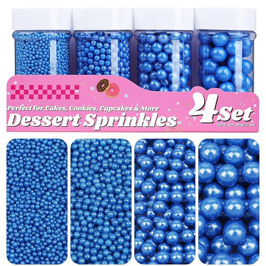 Blue Pearl Sprinkles for Cake Decorating, 11.3oz/320g Edible Pearls Sugar 4 Jars Set for Baking Cupcakes Cookies