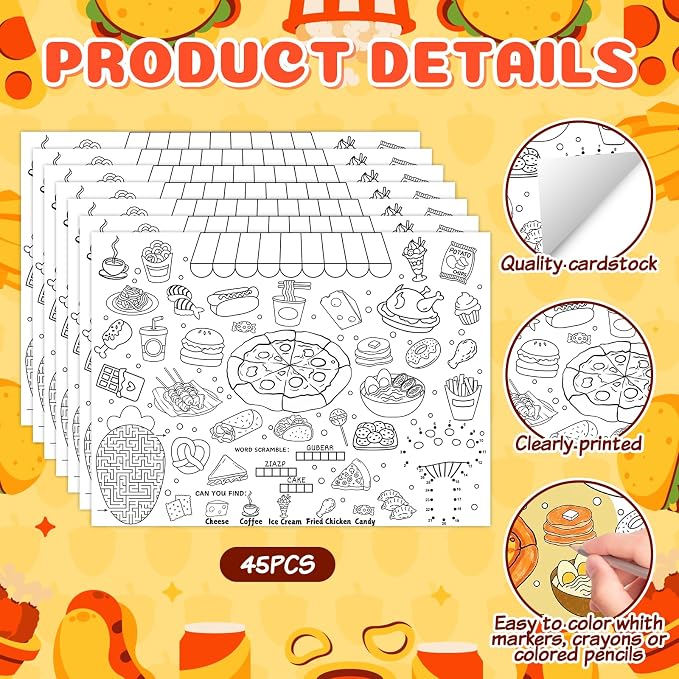 45pcs Food Disposable Coloring Placemats Yummy Foods Crafts for Kids Birthday Party Favors Coloring Poster Pizza Ice Cream Burger Donut Taco Activity Restaurant Church Supplies Paper Table Mats