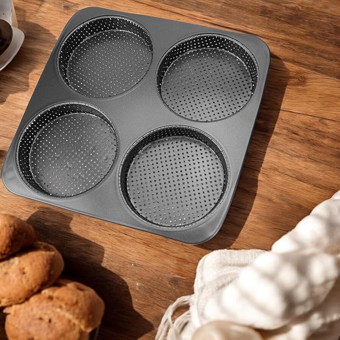 BuleVina 5 Inch Hamburger Bun Pan, Non-Stick Carbon Steel Bread Mold, 4 Cavity Cup Big Baking Pan for Homemade Hamburger Buns, Nonstick & Heat Resistant Burger Bun Mold