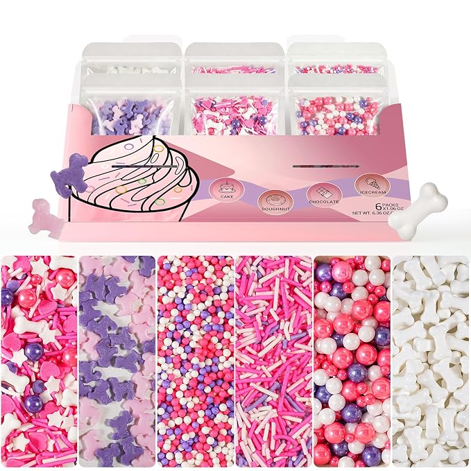 HUEBEATY Puppy Dog Sprinkles with Bone, Pink Purple Cake Sprinkles, 180g | Bone Sprinkles, Puppy Confetti, Pink Purple Princess Sprinkles for Dog Paw Theme Cakes, Girls Birthday Desserts & Cupcakes
