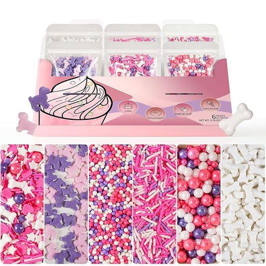 HUEBEATY Puppy Dog Sprinkles with Bone, Pink Purple Cake Sprinkles, 180g | Bone Sprinkles, Puppy Confetti, Pink Purple Princess Sprinkles for Dog Paw Theme Cakes, Girls Birthday Desserts & Cupcakes