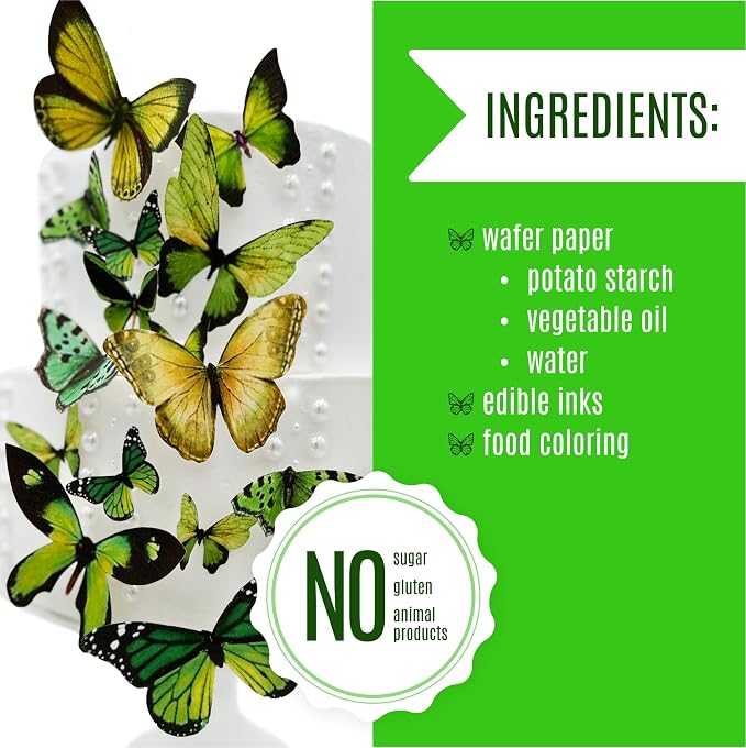 Sugar Robot Inc. Edible Butterflies for Cake Decorating - Assorted Sizes, Premium Crafted in the USA - Butterfly Cake Toppers & Cupcake Decorations (Green)