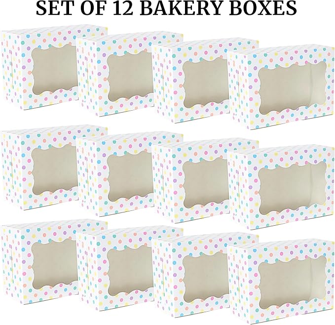 Perfect Occasion Polka Dot Cookie Boxes - 12 Pack - Pastel Polka Dot Cookie Boxes with Window - for Easter, Birthdays, Cupcakes, Pastries - Large Size Easily Fits a Dozen Cookies - 12 pcs