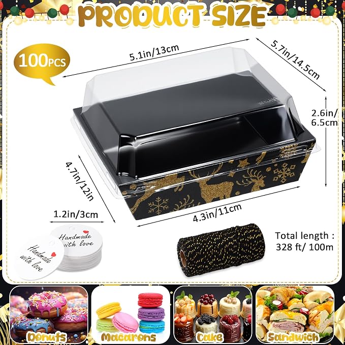 Outus 100 Pack Christmas Charcuterie Boxes with Clear Lids, Paper Dessert Boxes to Go with Gift Tags Rope Disposable Party Favor Treat Food Containers for Cookies, Donuts, Muffins, Salad, and Pastry