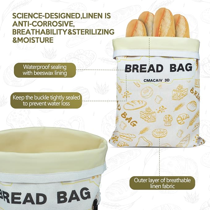 2-Pack Beeswax Bread Bag,17"×13"Reusable Organic Bread Bags for Homemade Bread Sourdough,Linen Outer Lining and Pure Cotton Beewax Inner Lining Moisture-proof &Fresh-Preserving Bags Keeps Fresh Longer