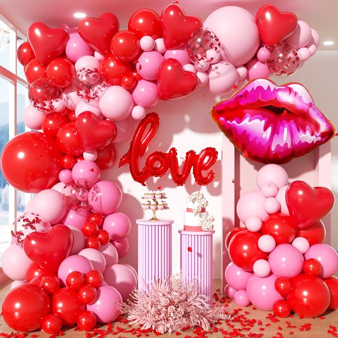 Valentine's Day Balloon Arch Kit - 358Pcs Rose Petals LOVE Foil Balloon Heart Balloons Red and Pink Balloons Garland Kit for Valentines Day Galentines Engagement Anniversary Party Decorations