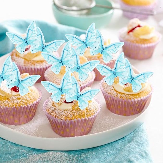 48 PCS Edible Butterfly Cupcake Toppers - Wafer Paper Butterflies & Cupcake Picks for Butterfly Theme Baby Shower, Wedding, Birthday Party - Blue