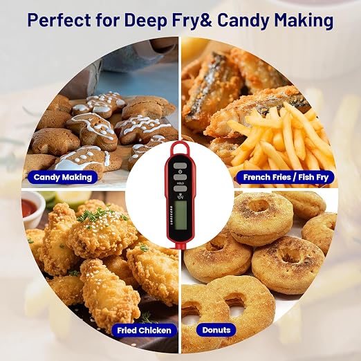 Lonicera Digital Candy Thermometer with Pot Clip, 11" Long Probe, Instant Read 2-3s, IPX6 Waterproof Food Thermometer with Backlight, for Deep Fry, Oil & Meat (Red)