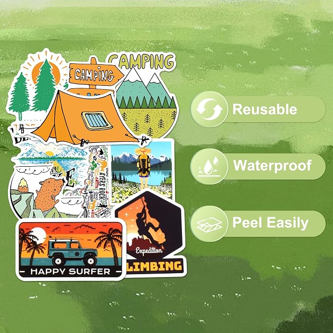 100 Pcs Camping Stickers for Scrapbooking, Waterproof Vinyl Outdoor Adventure Hiking Tent Nature Stickers for Laptops Water Bottles Journals, Decorative Decals for Teens Students Adults