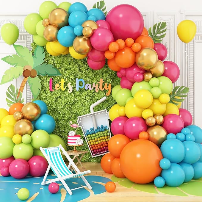 Hawaiian Balloon Arch Kit, 108 Pcs Tropical Balloon Garland with Hot Pink Orange Teal Green Yellow Latex Balloons Metallic Gold for Birthday Baby Shower Pool Beach Summer Party Decorations