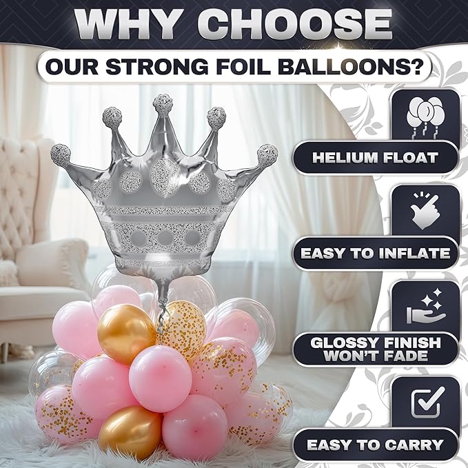 3Pcs Silver Crown Balloons – Reusable Foil Silver Balloons Set in Large 39" Size, Self-Sealing & Easy to Inflate, Durable – Suitable for Weddings, Birthday Celebrations & Princess Theme Decorations