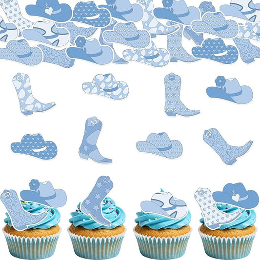 36PCS Edible Cowboy Cupcake Toppers Wafer Paper Blue Horse Boots Hat Cupcake Picks Edible Rodeo Cake Decorations for Western Horse Racing Theme Birthday Baby Shower Party Supplies