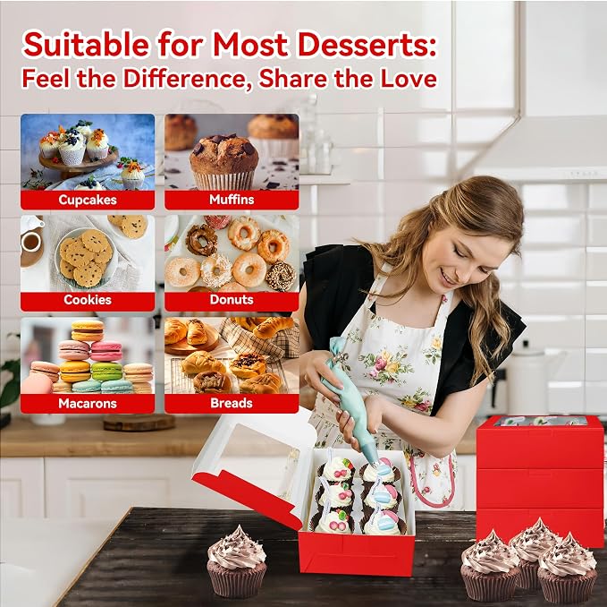 30-Set Cupcake Boxes Bulk with Clear Display Window Hold 6 Standard Cupcakes, Disposable Food Grade Red Cupcake Carrier Cupcake Container, Perfect for Cupcakes Muffins Cookies Pastries