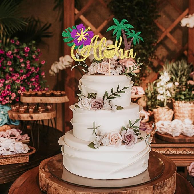 1 PCS Aloha Cake Topper Glitter Tropical Luau Palm Leaves Tree Flower Cake Pick Decoration for Summer Hawaiian Luau Tropical Aloha Theme Baby Shower Birthday Party Cake Decorations Supplies