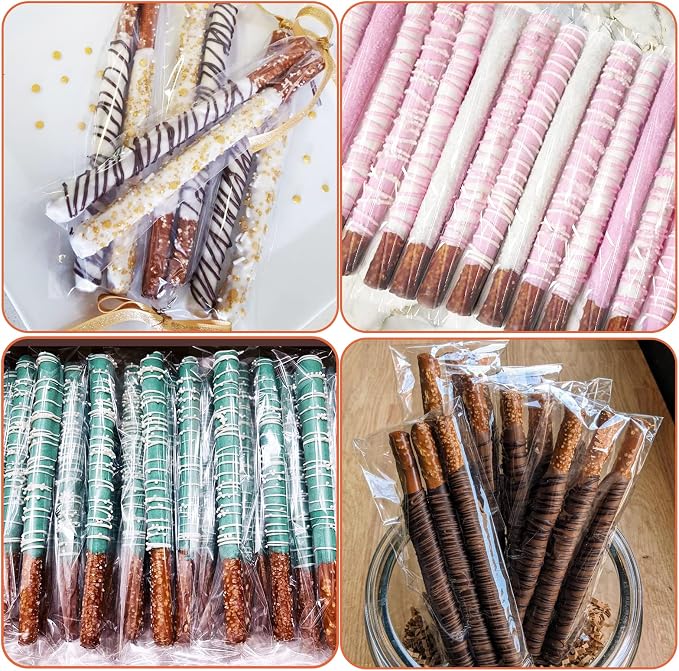 SUREHOME Pretzel Rod Bags 200 Pcs 2x8 In Clear Self Sealing Cellophane Bags for Chocolate Covered Pretzel Stick Individual Resealable Plastic Cello Bag for Party Favors Candy Treats Popsicle Packaging