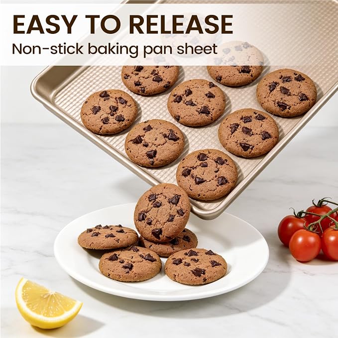 Vinino 17Inch Baking Sheet Set of 2, Cookie Sheets For Baking with Square Texture Pattern, Thicker Carbon Steel Non-stick Baking Pan, Half Roll Pans Tray for Oven