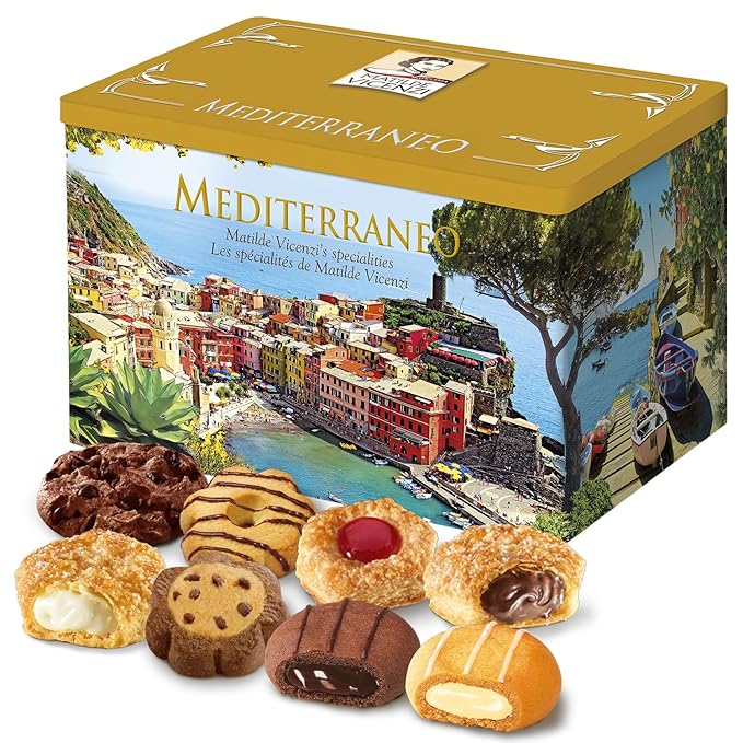 Matilde Vicenzi Mediterraneo Cookie Gift Tin - Pastries & Cookies in Individually Wrapped Trays - Gourmet Gifts for Hosts, Birthdays - Assorted Cookies in Italian Design Tin 32.5oz (920g)